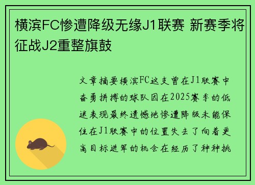 横滨FC惨遭降级无缘J1联赛 新赛季将征战J2重整旗鼓 横滨FC惨遭降级无缘J1联赛 新赛季将征战J2重整旗鼓